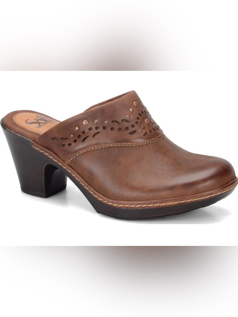 Sofft Brown Leather Heeled Clog with Decorative Perforation